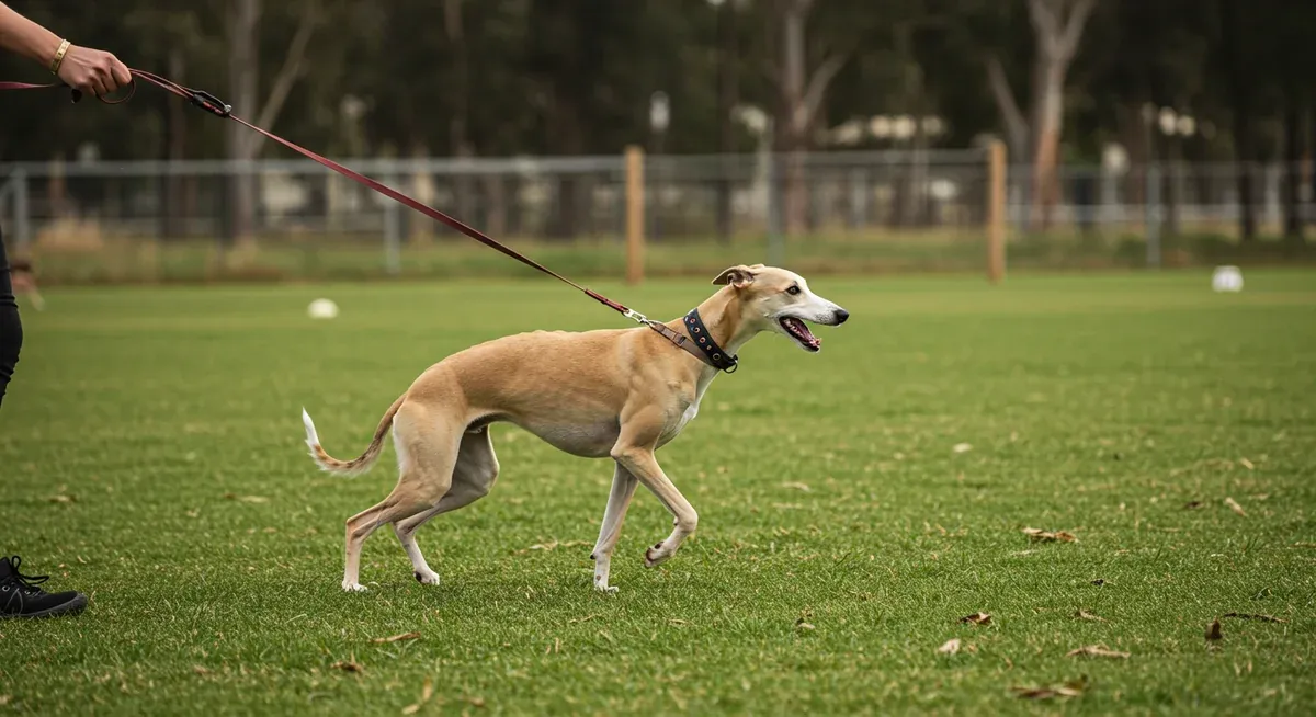 A Whippet on a long training line practicing recall in a secure area, demonstrating the essential safety equipment and training method for managing their strong prey drive