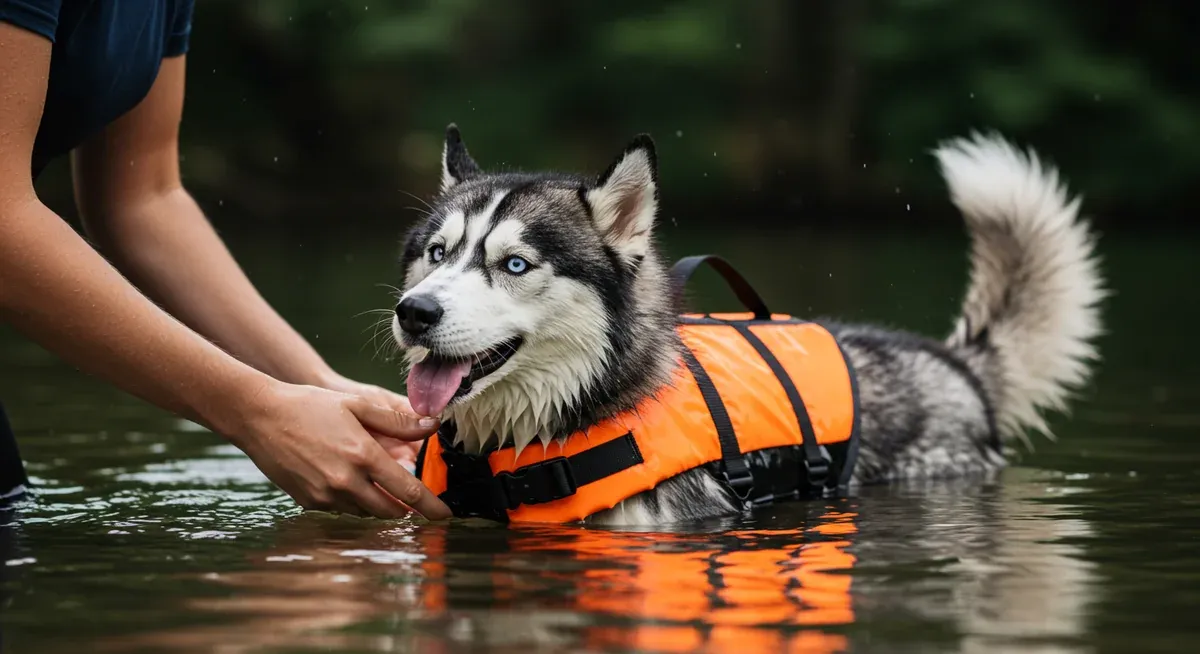 A Siberian Husky learning to swim safely with a life jacket and human guidance in shallow water