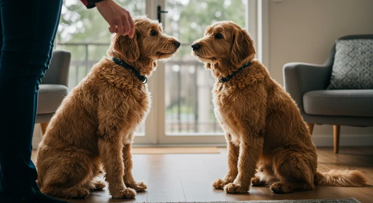 A Goldendoodle maintaining focused eye contact with its owner during training, demonstrating the 'focus' command that helps control problem behaviors