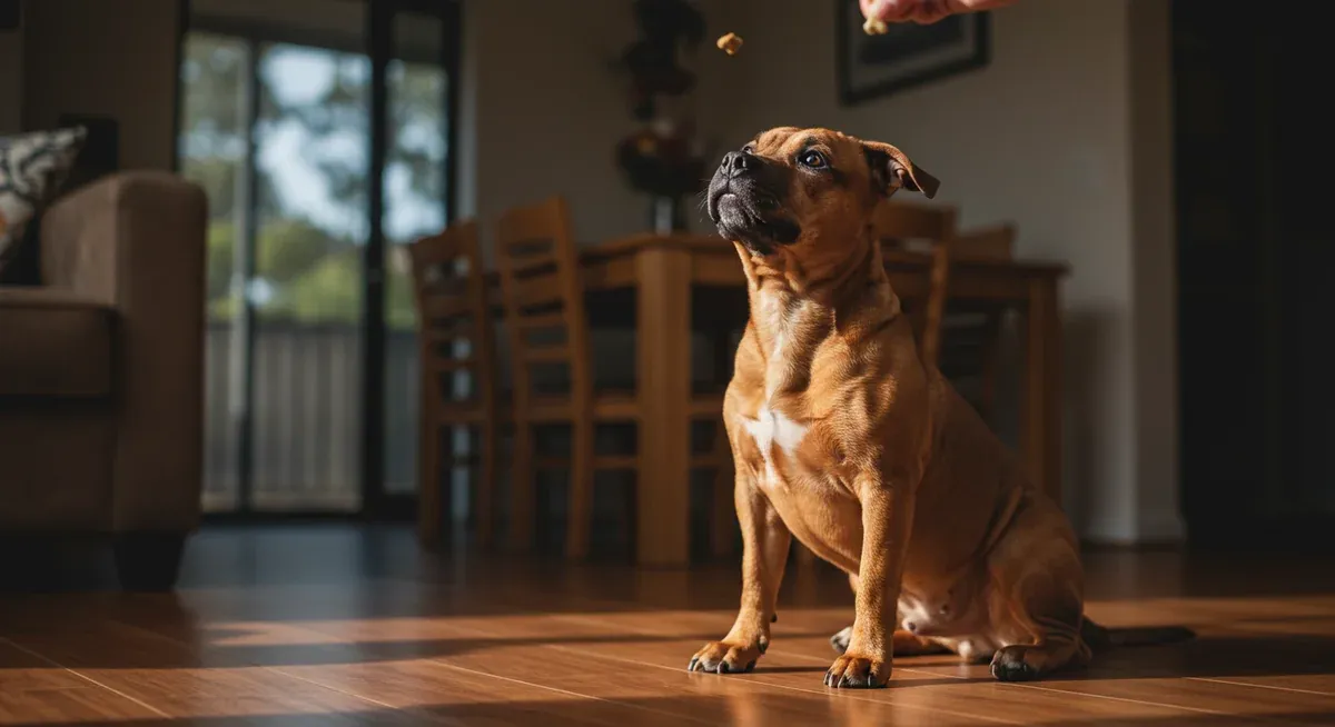 Staffordshire Bull Terrier puppy learning the sit command with owner holding treat above their head, demonstrating proper training technique