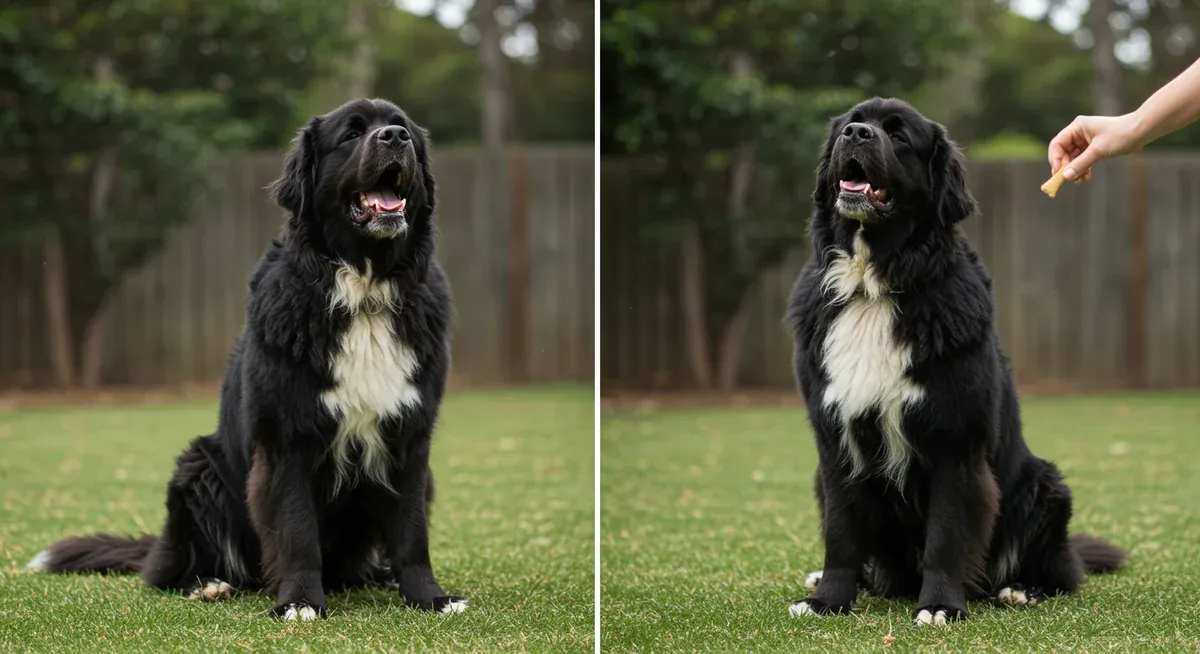A Newfoundland dog learning the quiet command, showing the transition from barking to calm behavior during training with positive reinforcement