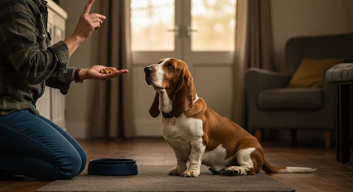 A Basset Hound attentively watching their owner during quiet command training, with the owner using hand signals and treats to reinforce the lesson