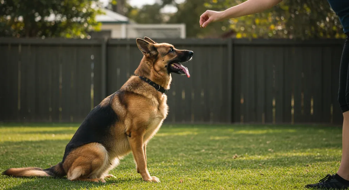 German Shepherd learning the sit command with a trainer holding a treat above its head, demonstrating the foundational training technique
