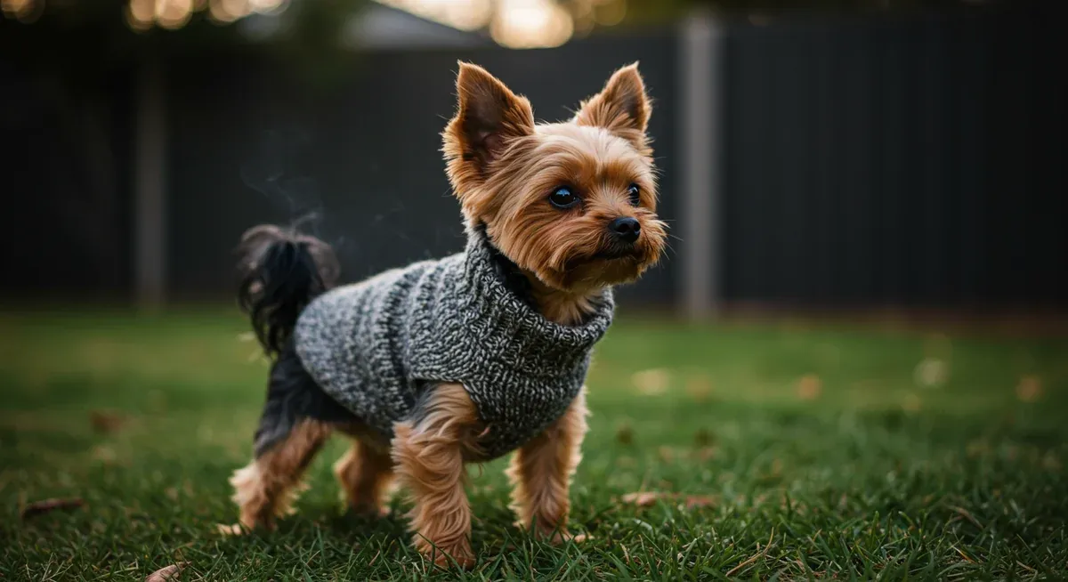 Yorkshire Terrier wearing a protective sweater in cold weather, demonstrating the breed's vulnerability to temperature changes due to their small size and thin coat