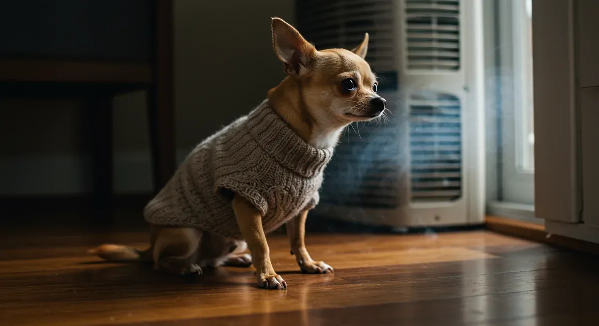 A Chihuahua wearing a sweater indoors near an air conditioning vent, demonstrating how small dogs need protection from temperature changes that cause shaking