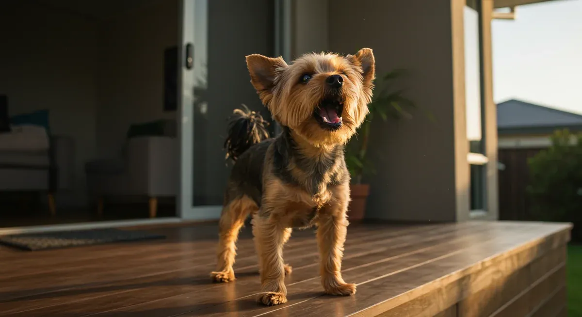 Yorkshire Terrier barking alert at a window, demonstrating the excessive barking behavior commonly seen in the breed
