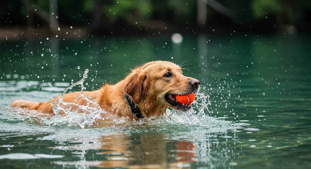 A Golden Retriever swimming in a lake while retrieving a ball, showcasing swimming as one of the best exercise activities for the breed as mentioned in the article.