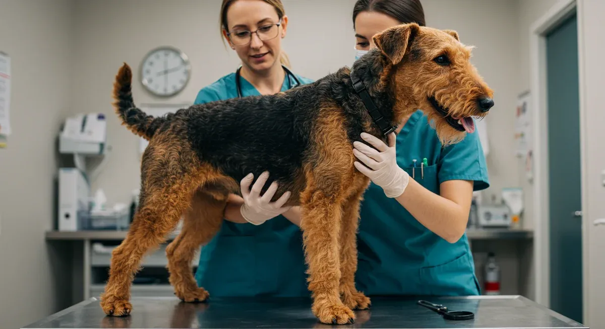Airedale Terrier receiving a veterinary health examination to screen for common breed health issues like cancer and hip dysplasia