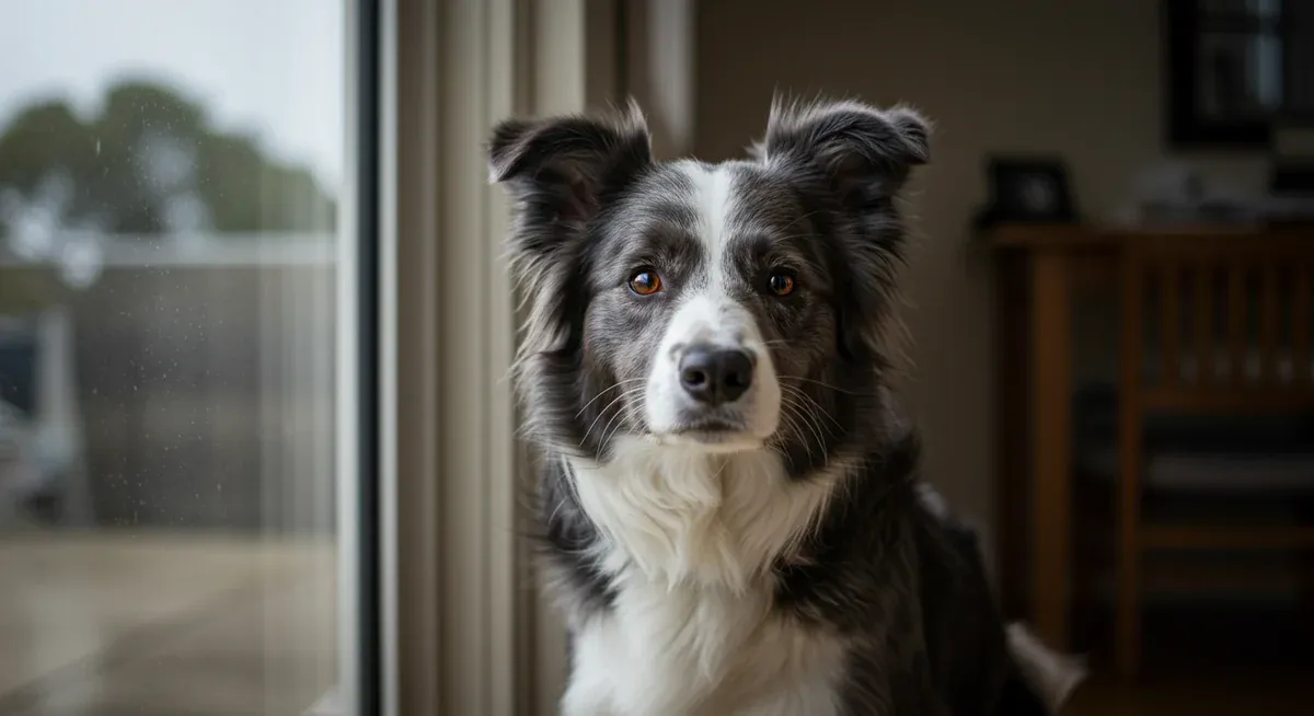 Bored Border Collie looking out window at passing activity, illustrating how lack of stimulation leads to reactive barking behavior