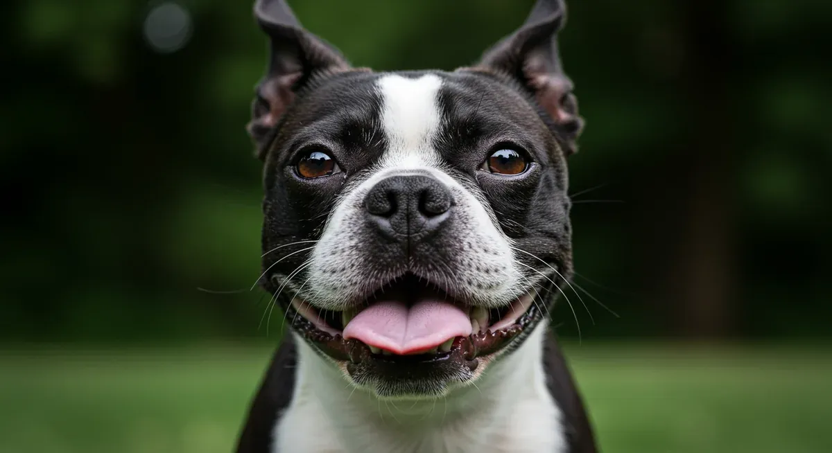 Close-up of a Boston Terrier's flat face showing the brachycephalic features that create breathing challenges throughout their lives.