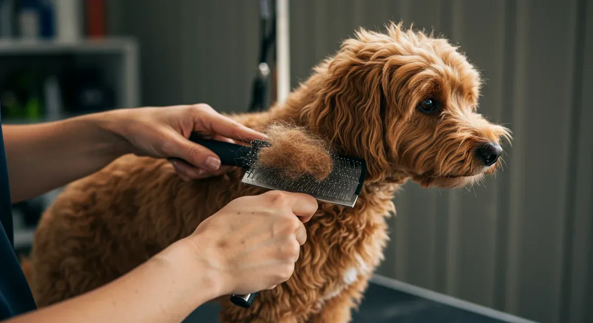 Hands brushing a Cavoodle's coat with a slicker brush, demonstrating the proper brushing technique that effectively removes loose fur and prevents matting