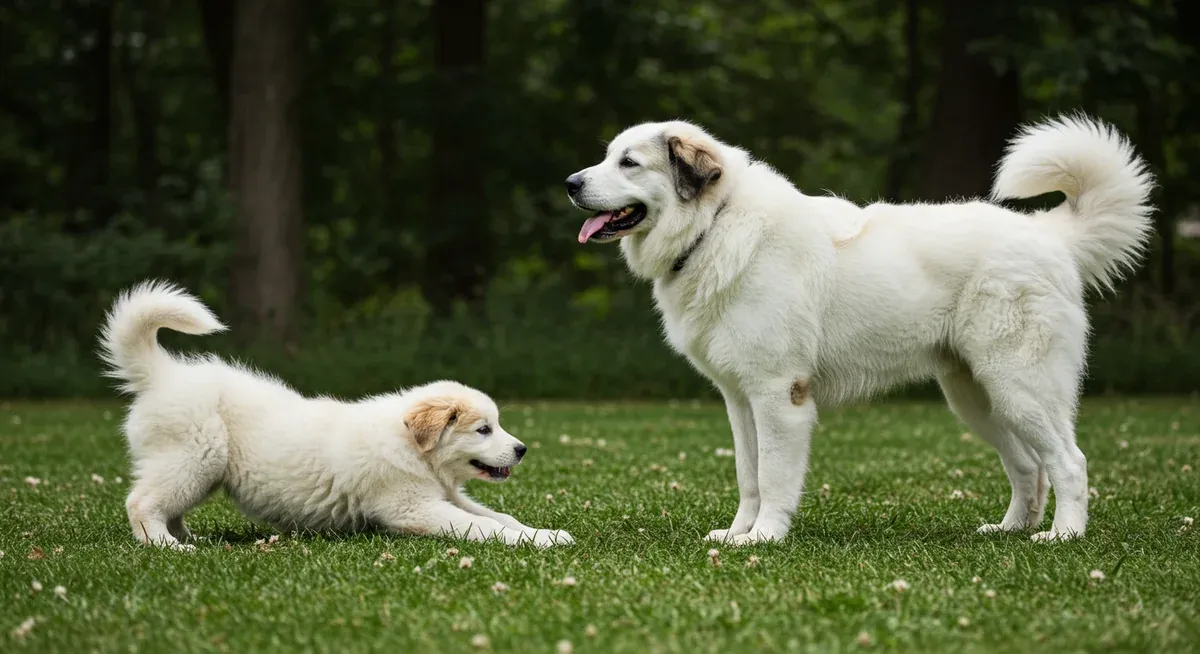 Great Pyrenees puppy and adult dog showing healthy bone development and joint structure from proper calcium and phosphorus balance