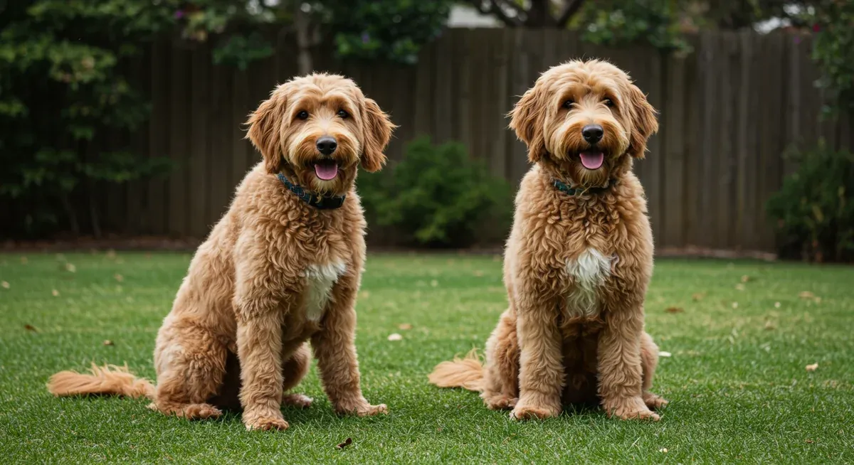 Two Goldendoodles demonstrating the Puppy Cut and Teddy Bear Cut styles side by side, showing the practical differences between these popular low-maintenance grooming options