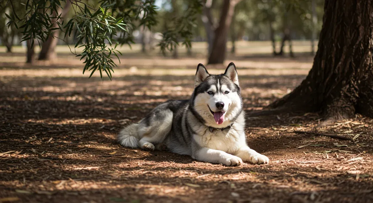 Siberian Husky resting in a shallow hole it dug for cooling, showing thermoregulation behavior in warm weather