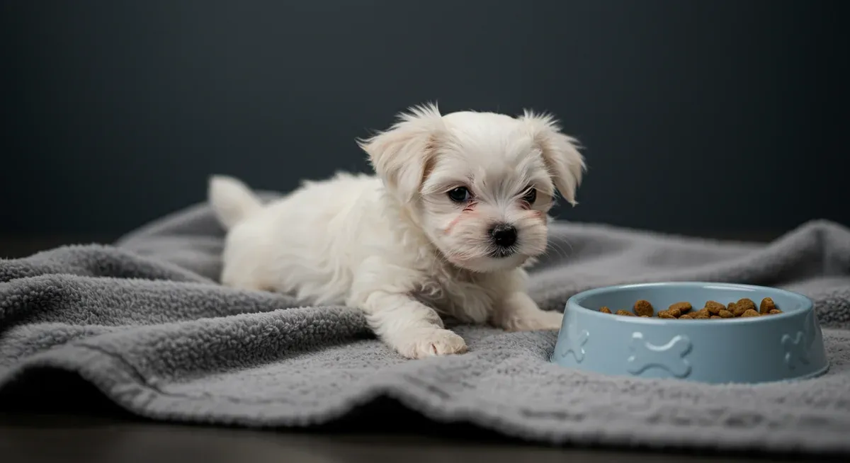 Young Maltese puppy showing signs of lethargy that may indicate hypoglycemia, with food bowl visible nearby