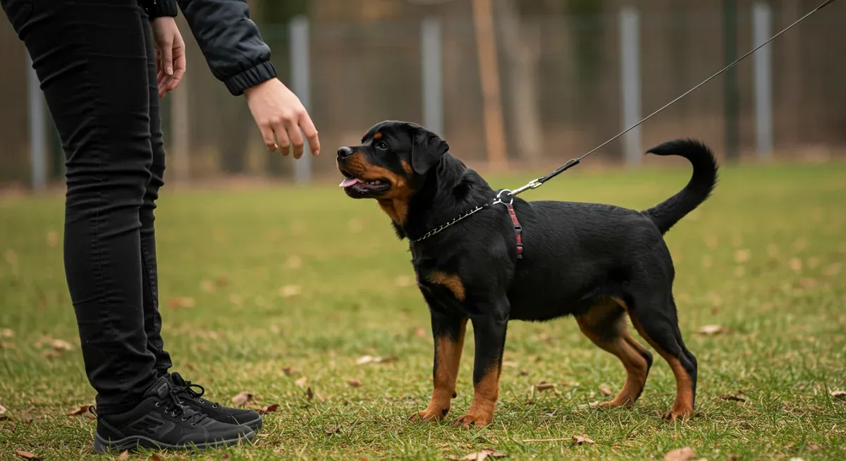 Young Rottweiler puppy meeting a new person in a controlled environment, demonstrating proper early socialization techniques during the critical 8-16 week period