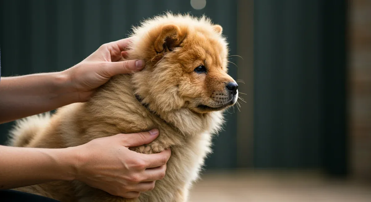 Young Chow Chow puppy being gently handled for early socialisation, with hands touching paws and examining ears to build tolerance for grooming and veterinary care
