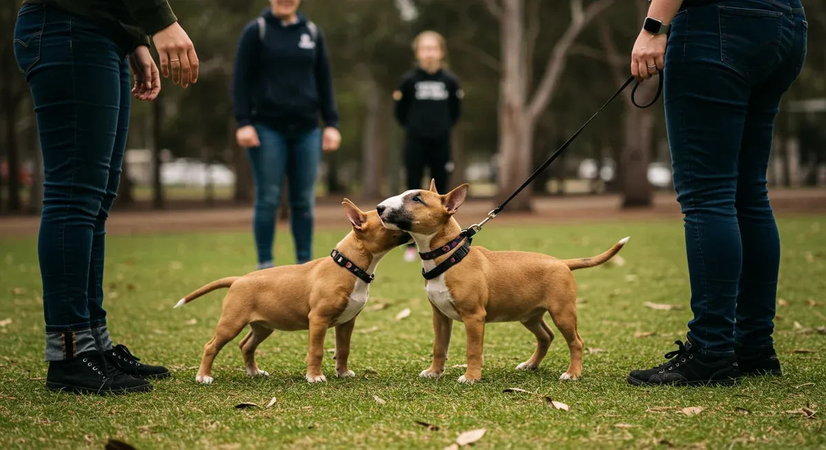 A Bull Terrier puppy meeting various people in a park setting, illustrating the early socialisation process that's crucial for preventing behavioral issues later in life