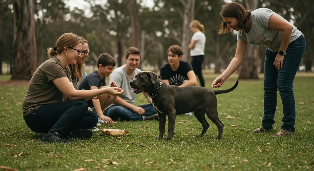 Cane Corso puppy socializing with diverse group of people in park setting, illustrating proper early socialization techniques