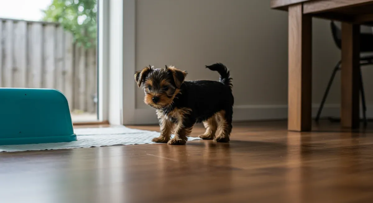 Yorkshire Terrier puppy exhibiting typical pre-potty behaviors like sniffing and circling, helping owners recognize when their puppy needs to eliminate