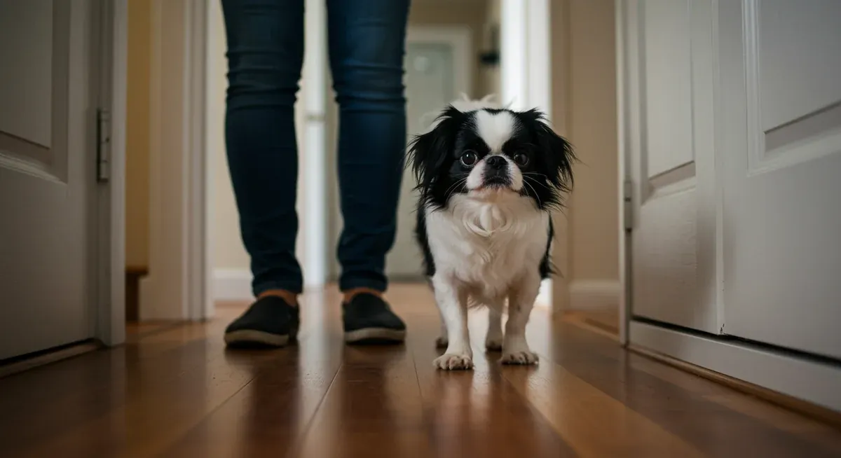 A Japanese Chin following closely behind their owner's feet in a hallway, demonstrating their characteristic shadowing behavior and devoted nature