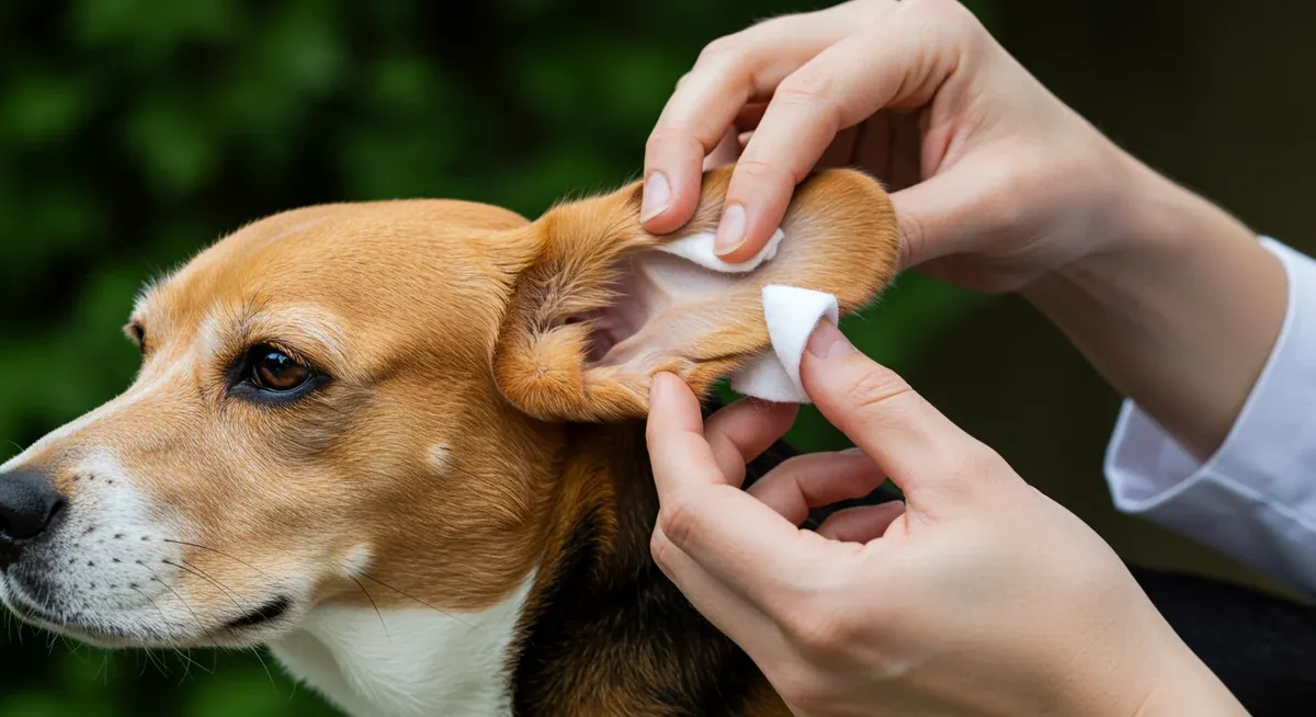 Close-up of veterinarian examining a Beagle's ear, demonstrating proper ear care technique and showing the breed's characteristic floppy ears that require regular cleaning