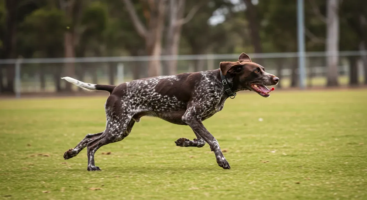 German Shorthaired Pointer running at high speed through a field, demonstrating the breed's exceptional energy levels and athletic abilities