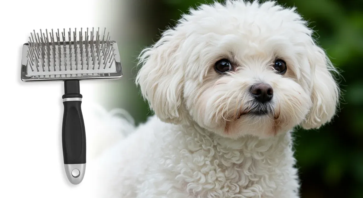 A long pin stainless steel brush with rounded tips positioned next to a Bichon Frise, showing the ideal tool for penetrating the breed's dense double coat