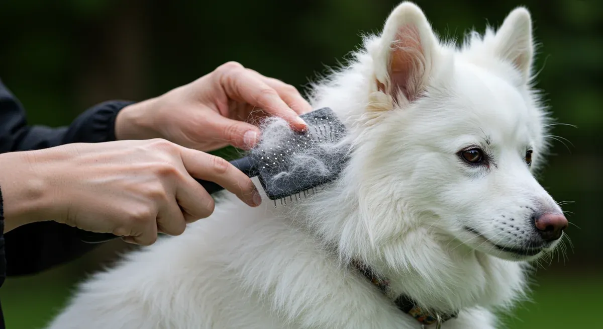 Close-up of hands brushing an American Eskimo dog's white coat with a pin brush, demonstrating proper brushing technique with visible loose fur