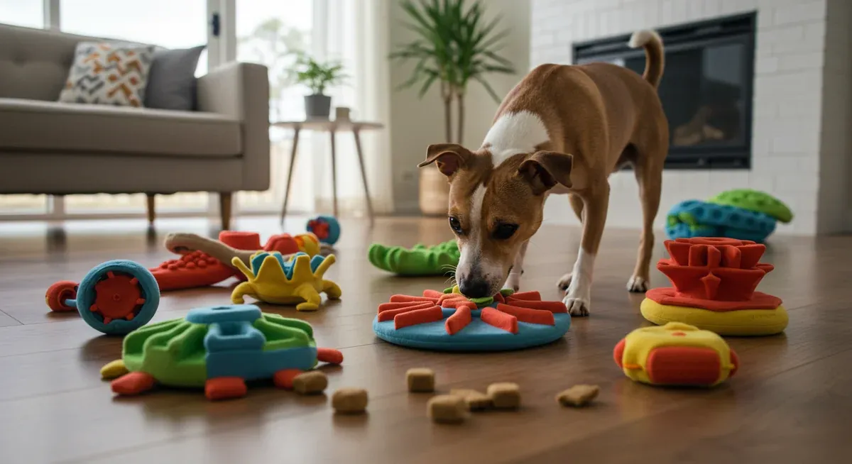 Rat Terrier dog playing with puzzle toys and mental stimulation games, illustrating the exercise and enrichment activities recommended to reduce boredom-related barking