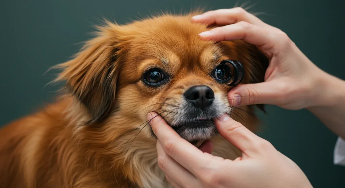 Veterinarian examining a Tibetan Spaniel's eye with medical equipment to screen for Progressive Retinal Atrophy, the breed's primary genetic health concern