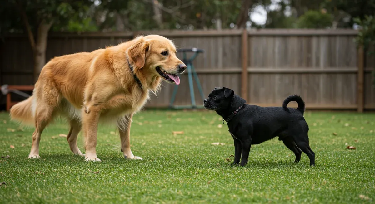 Small Affenpinscher dog confidently facing a much larger dog, illustrating the breed's fearless nature and tendency to approach larger animals without hesitation