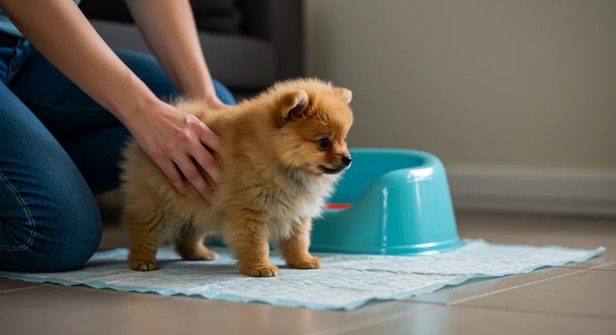 Pomeranian puppy being guided to training pads during early potty training, demonstrating the hands-on approach needed in the first critical weeks