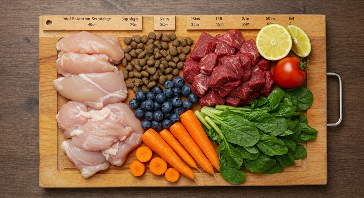 Ideal meal composition for Cavalier King Charles Spaniels showing 75% protein sources and 25% vegetables and fruits arranged proportionally on a cutting board