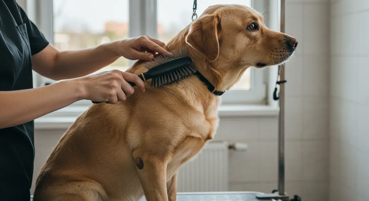 Labrador being brushed with proper grooming tools, demonstrating weekly brushing technique for coat health
