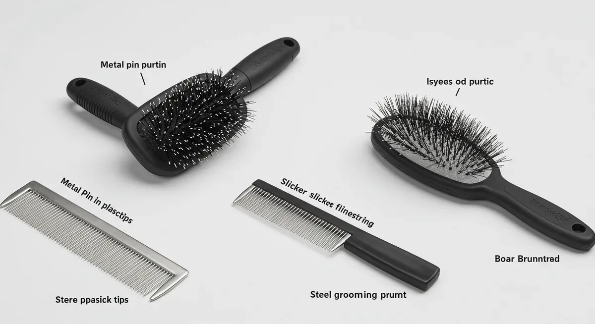 Four essential grooming tools for Shih Tzu coat care displayed individually: pin brush, slicker brush, steel comb, and boar bristle brush, showing the specific features needed for effective grooming