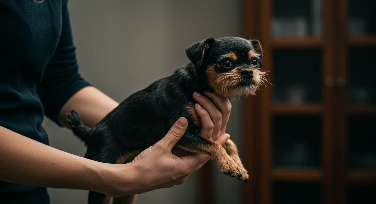 Proper handling technique for an Affenpinscher showing hands supporting the dog's chest and hindquarters to prevent injury due to their fragile bone structure