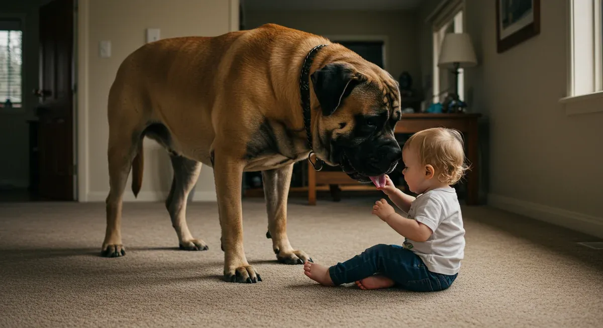 Large Mastiff carefully moving around a small toddler on carpet, illustrating the breed's gentle nature and careful movements around children