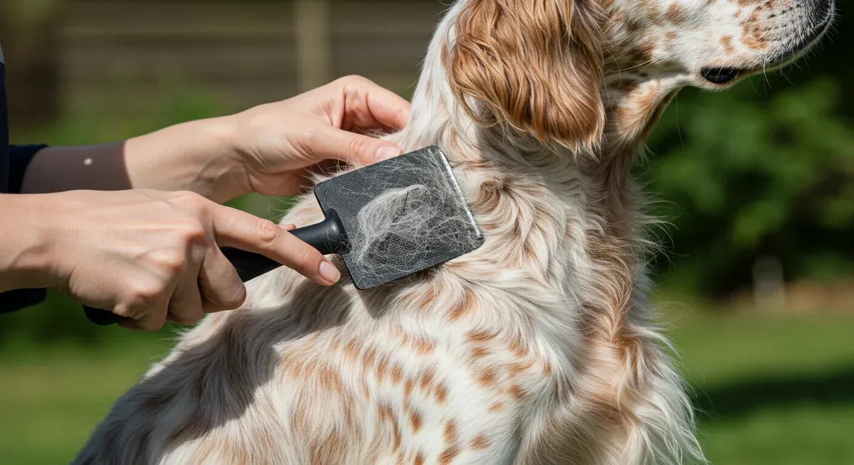 Close-up of proper brushing technique on English Setter's feathered coat showing loose hair removal and grooming tools