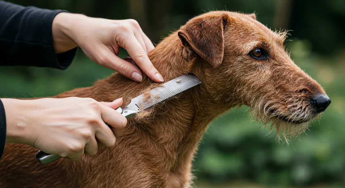 Close-up professional photograph showing proper hand stripping technique being performed on an Irish Terrier's wiry coat, demonstrating the grooming method that maintains the breed's natural coat texture
