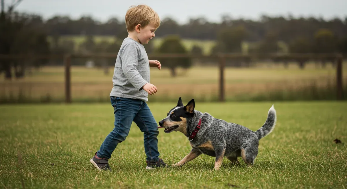 Blue Heeler dog demonstrating herding instinct by nipping at child's heels in supervised setting