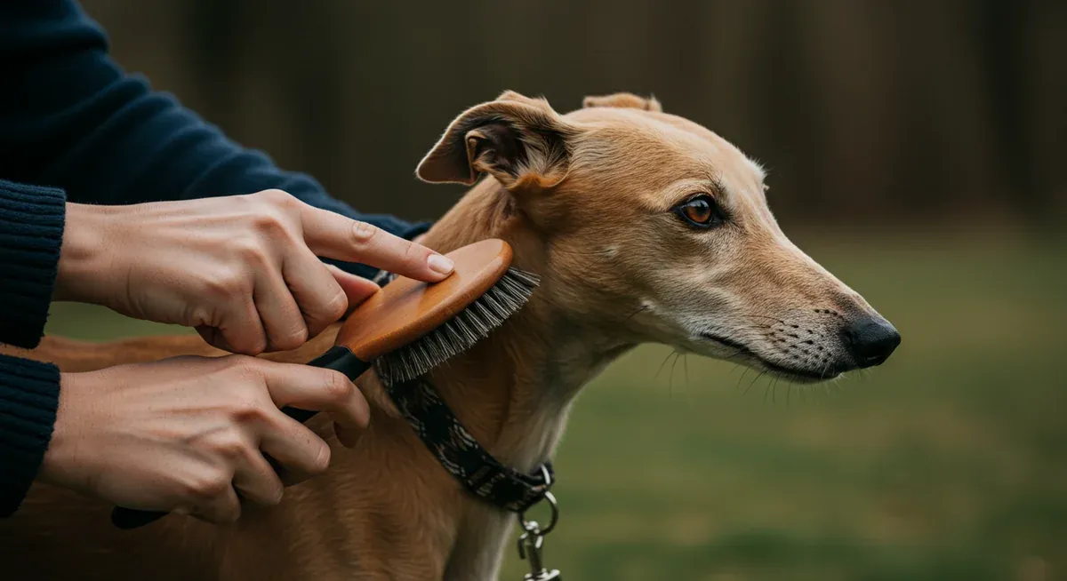 Demonstration of gentle grooming technique using a soft brush on a Greyhound's sensitive skin, showing proper care methods to avoid irritation while managing shedding