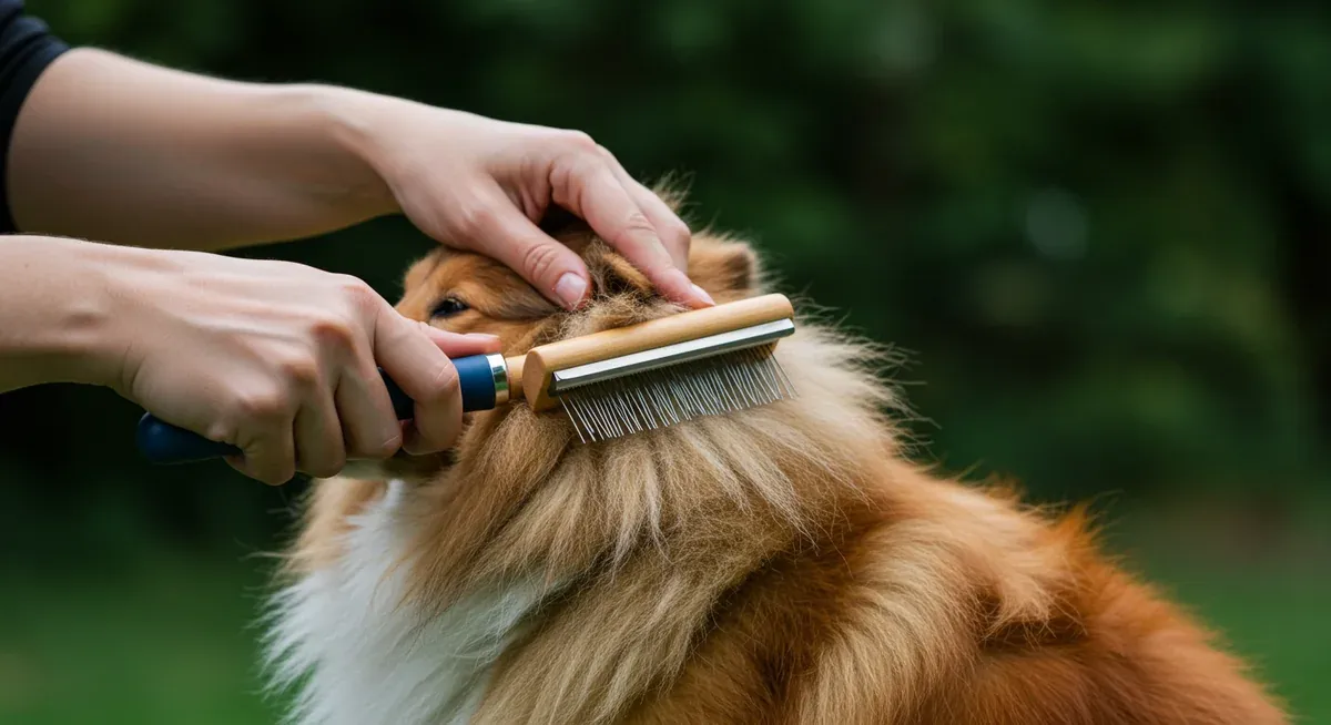 Close-up demonstration of line brushing technique being performed on a Shetland Sheepdog's coat, showing proper sectioning and brushing method