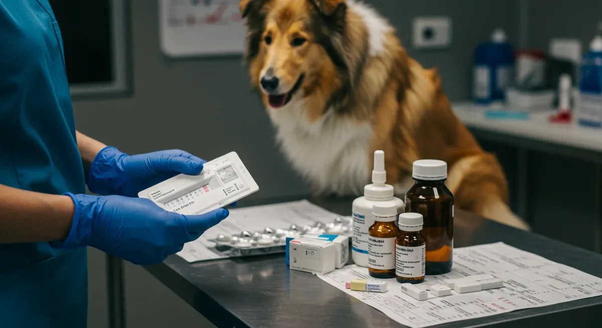 DNA testing kit and medications on veterinary examination table, illustrating the critical importance of MDR1 genetic testing for Collie drug sensitivity