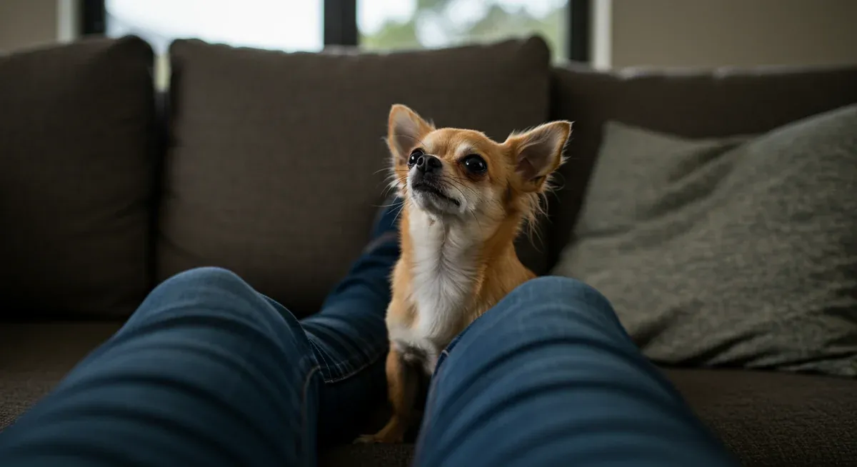 A Chihuahua displaying the characteristic one-person bonding behavior by sitting protectively close to their owner, demonstrating the intense loyalty typical of the breed