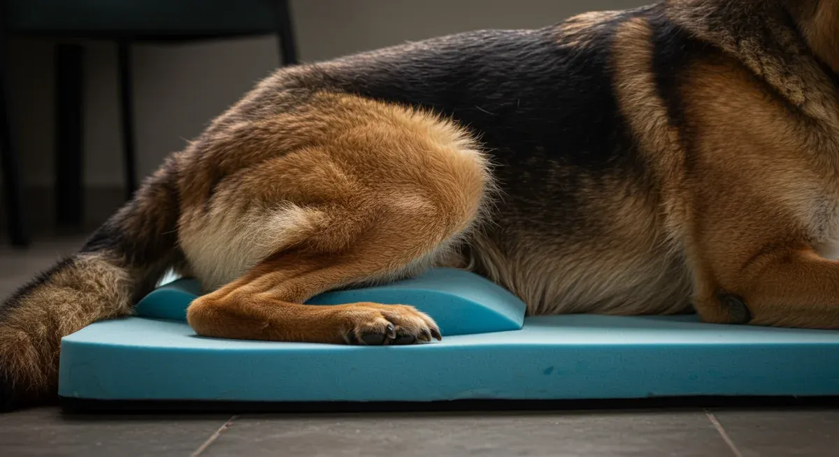 Close-up view of German Shepherd lying on memory foam bed showing orthopedic support and proper joint alignment