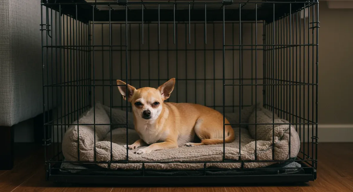 Chihuahua resting peacefully in a properly-sized crate with comfortable bedding, demonstrating how crate training provides a safe den-like environment