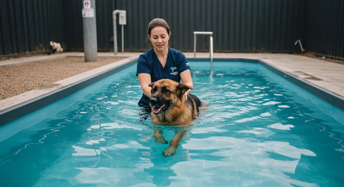 German Shepherd receiving hydrotherapy treatment in pool with therapist, demonstrating low-impact exercise for arthritis management