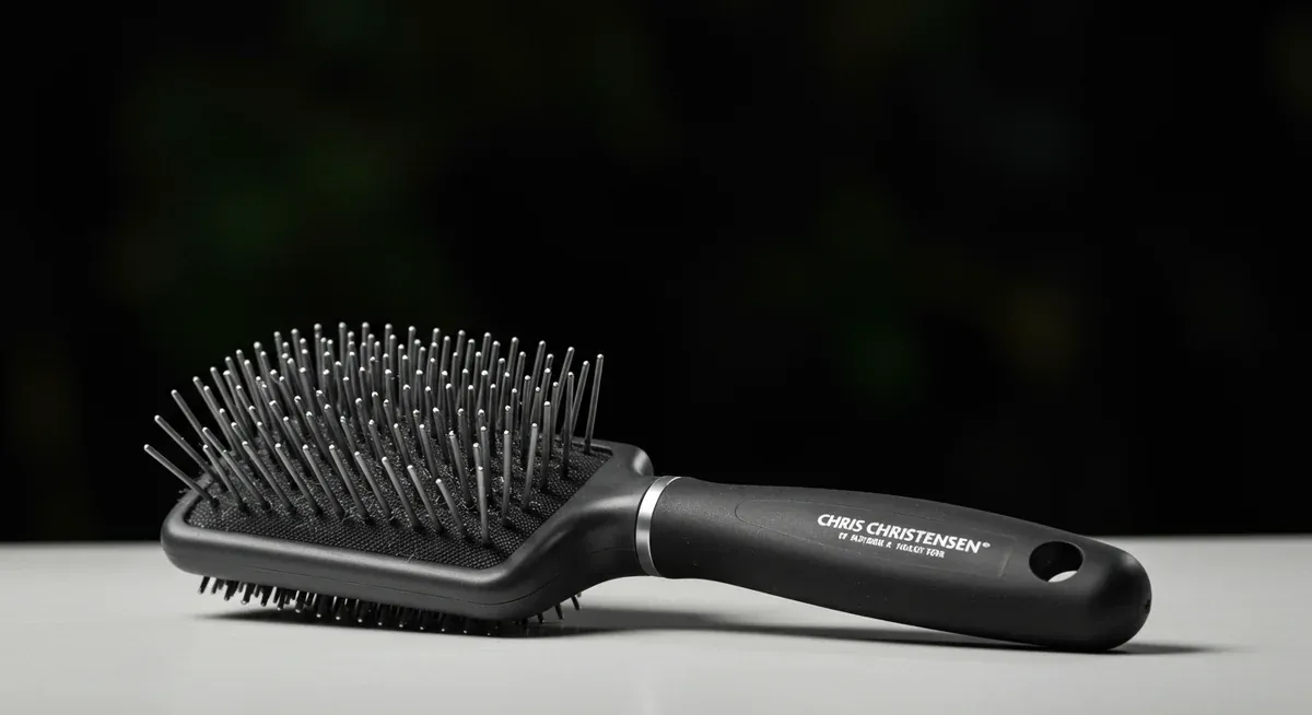 Close-up of a Chris Christensen Big G Slicker Brush showing its distinctive long, angled pins and professional design features