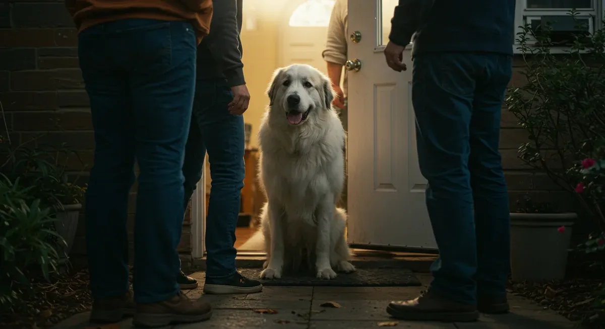A Great Pyrenees dog demonstrating protective instincts by positioning between family and visitors, showing their natural guardian behavior